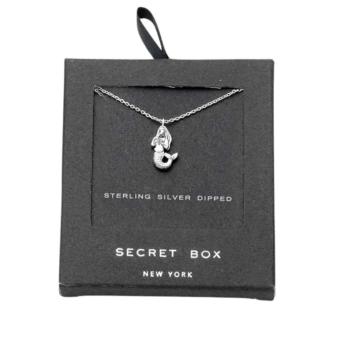 Silver Secret Box Sterling Silver Dipped Mermaid Pendant Necklace, is an exquisite necklace that will surely amp up your beauty and show your perfect class anywhere, any time. Perfect gift for Birthday, Anniversary, Mother's Day, anniversary, Graduation, Prom Jewelry, Just Because, Thank you, or Charm Necklace.