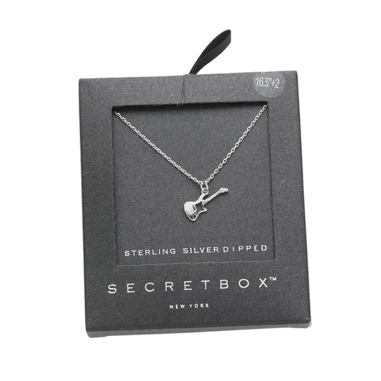 Silver Secret Box Sterling Silver Metal Guitar Pendant Necklace, is perfect for any music lover. The beautifully crafted design adds a gorgeous glow to any outfit. Perfect Birthday Gift, Mother's Day Gift, Anniversary Gift, Graduation Gift, Prom Jewelry, Just Because Gift, Thank you Gift.