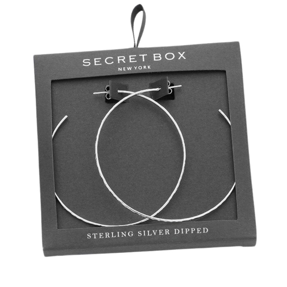 Silver Secret Box Sterling Silver Dipped Metal Hoop Earrings. Adds a sophisticated glow & eye-catching style to any outfit, coordinate these exquisite hoop earrings with any ensemble from business casual wear, ideal for parties, events, holidays. Look as regal on the outside as you feel on the inside, create that mesmerizing look on your special occasions. Perfect Birthday Gift, Anniversary Gift, Mother's Day Gift, Anniversary Gift, Graduation Gift, Prom Jewelry, Thanksgiving Day Gift, etc.