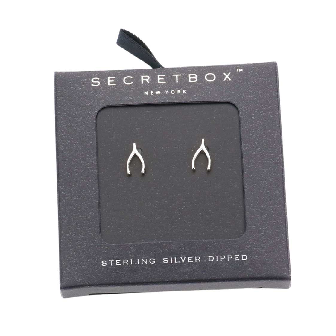 Silver Secret Box Sterling Silver Dipped Wishbone Stud Earrings. The beautifully crafted design adds a gorgeous glow to any outfit. Jewelry that fits your lifestyle adding extra luxe! Perfect Birthday Gift, Anniversary Gift, Mother's Day Gift, Anniversary Gift, Graduation Gift, Prom Jewelry, Just Because Gift, Thank You Gift.