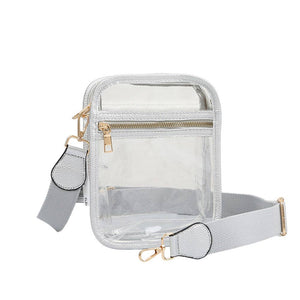 Silver Solid Faux Leather Transparent Rectangle Crossbody Bag is sophisticated and stylish. Crafted with durable, high-quality faux leather, it features a transparent rectangular shape for a chic look. Carry it to your next dinner date or social event to add a touch of elegance. Perfect Gift for fashion enthusiasts.
