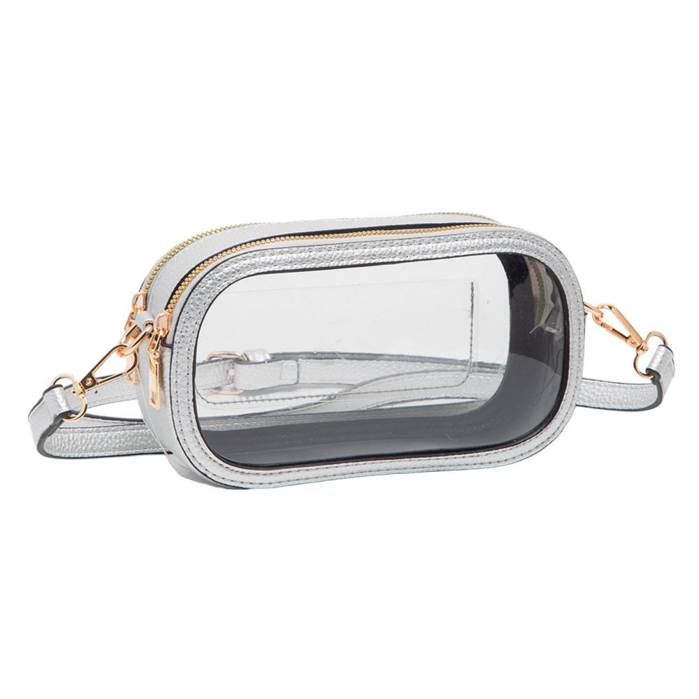 Silver Solid Faux Leather Transparent Rectangle Crossbody Bag, is the perfect accessory for any outfit. Its solid faux leather material is durable and lightweight. The adjustable crossbody strap provides convenience and comfortability. Wear it on your next night out for a fashionable look and make an exquisite gift with this!