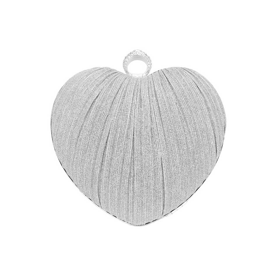 Silver Sparkle Fabric Heart Fold Clutch Evening Bag Crossbody Bag is the perfect accessory for any evening event. Its compact and versatile design allows for both handheld and crossbody wear. The sparkling fabric adds a touch of glamour to any outfit, making it a must-have for any fashion-forward individual.