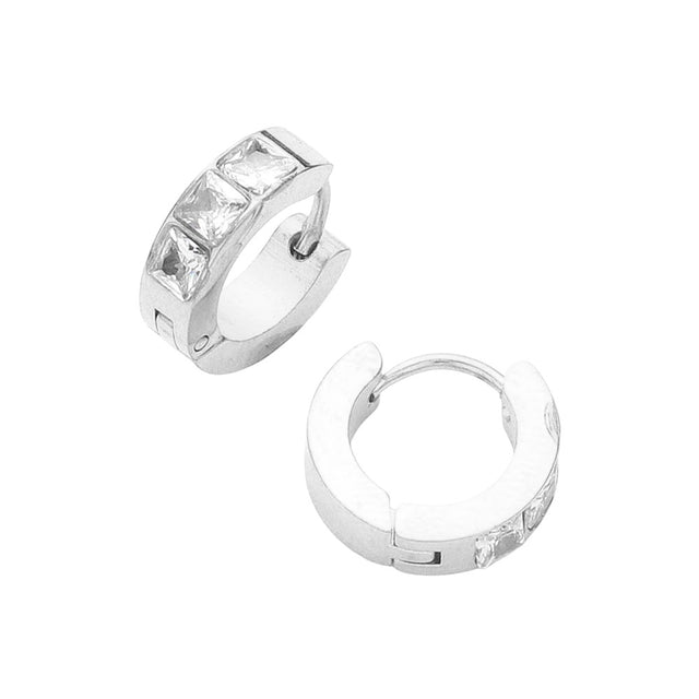 Silver Square CZ Stone Paved Stainless Steel Huggie Hoop Earrings offer a stylish and sophisticated look. The square CZ stones add a touch of elegance, while the stainless steel material provides durability and hypoallergenic properties. Perfect for any occasion, these earrings are a must-have for any jewelry collection.