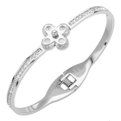 Stainless Steel CZ Stone Clover Pointed Hinged Bangle Bracelet - Silver