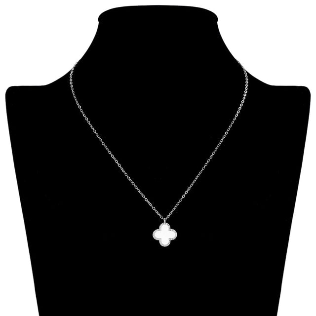 Silver Stainless steel necklace features a stunning mother-of-pearl quatrefoil pendant, adding a touch of elegance to any outfit. The durable stainless steel construction ensures long-lasting wear, making it a perfect addition to your jewelry collection. Elevate your style with this timeless piece.
