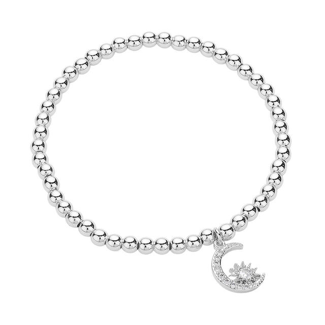 Silver Stainless Steel Stone Paved Crescent Star Charm Stretch Ball Bracelet is perfect for adding a touch of sparkle to any outfit. The stainless steel construction ensures durability and the stretch ball design allows for comfortable wear. Adorned with a charming crescent star charm, this bracelet is both elegant and versatile.