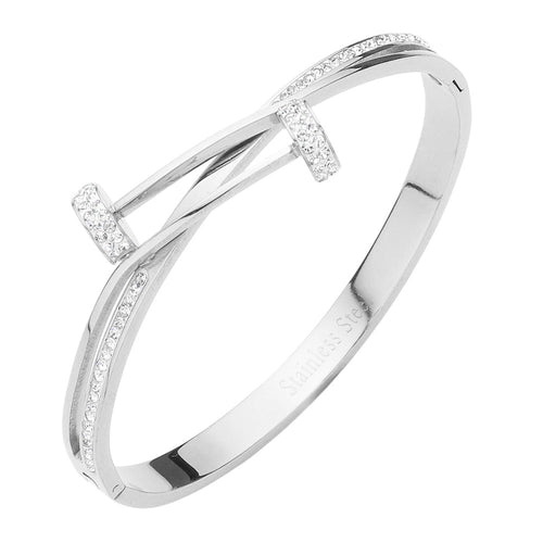 Stainless Steel Stone Paved Nail Head Pointed Hinged Bracelet - Silver