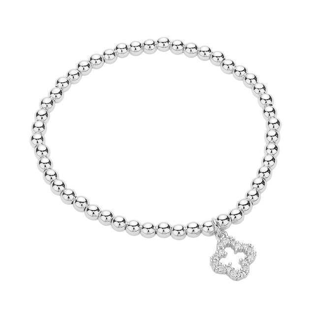 Silver Stainless Steel Stone Paved Open Quatrefoil Charm Stretch Ball Bracelet is a stylish addition to any outfit. Made with high-quality stainless steel, this bracelet boasts a unique stone-paved quatrefoil charm and a stretch ball design for a comfortable fit. Elevate your look with this elegant and durable piece.