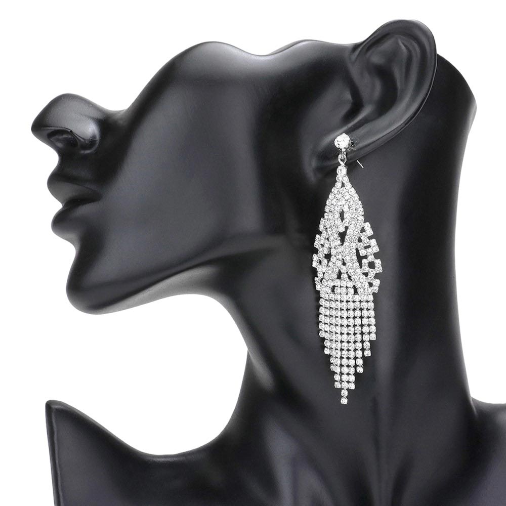Silver Stone Pave Fringe Evening Earrings, feature sleek, chic design for a timeless and sophisticated look. Adorned with beautiful stones, these earrings will add a touch of sparkle and glamour to any ensemble. Perfect for special occasions or everyday wear or making exquisite gift.