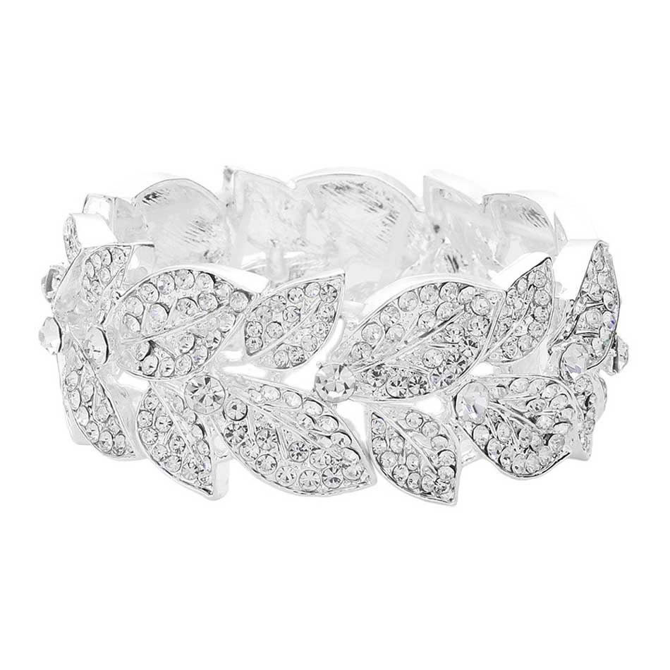 Silver Stone Paved Leaf Linked Stretch Evening Bracelet, Crafted of high-quality stones and metal alloy, this unique bracelet features intricately linked leaves, connected with a stretchable band to provide a secure fit. Accessorize your special occasion wear with this stunning design for an eye-catching look.