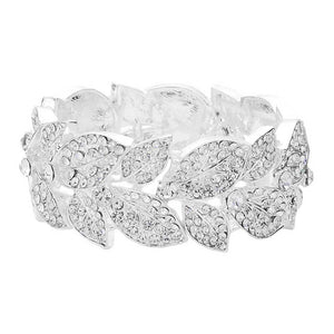 Silver Stone Paved Leaf Linked Stretch Evening Bracelet, Crafted of high-quality stones and metal alloy, this unique bracelet features intricately linked leaves, connected with a stretchable band to provide a secure fit. Accessorize your special occasion wear with this stunning design for an eye-catching look.