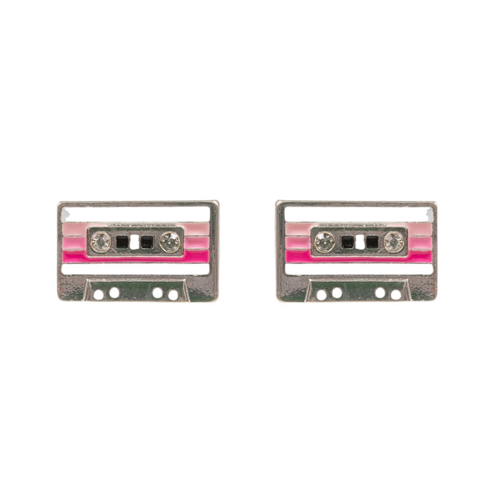 Silver-Stone Pointed Enamel Cassette Tape Stud Earrings, Perfect accessory for any music lover. Made with high-quality enamel and a pointed stone design, these earrings add a pop of color and unique style to any outfit. Show off your love for music with these stylish and eye-catching earrings. perfect gift for your lovers.