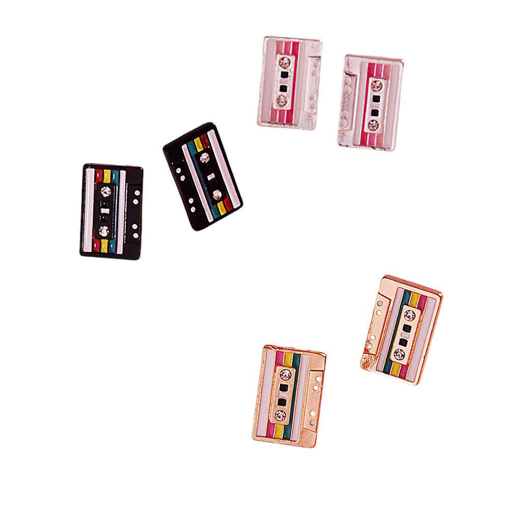 Silver-Stone Pointed Enamel Cassette Tape Stud Earrings, Perfect accessory for any music lover. Made with high-quality enamel and a pointed stone design, these earrings add a pop of color and unique style to any outfit. Show off your love for music with these stylish and eye-catching earrings. perfect gift for your lovers.