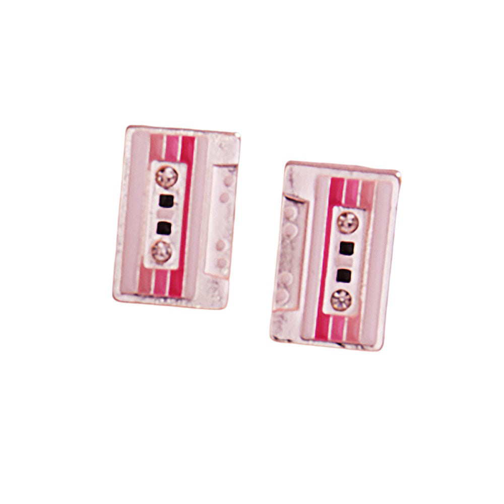 Silver-Stone Pointed Enamel Cassette Tape Stud Earrings, Perfect accessory for any music lover. Made with high-quality enamel and a pointed stone design, these earrings add a pop of color and unique style to any outfit. Show off your love for music with these stylish and eye-catching earrings. perfect gift for your lovers.