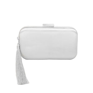 Silver Tassel Pointed Solid Clutch Crossbody Bag, Give your style a playful twist with this! Featuring a unique pointed shape and eye-catching tassel accents, this bag is perfect for adding a touch of quirkiness to any outfit. Stay organized and stylish with this fun and functional accessory.