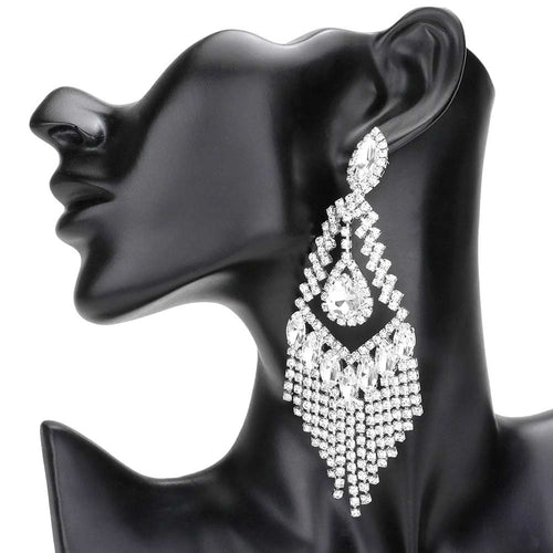Teardrop Crystal Rhinestone Chandelier Evening Earrings - Silver