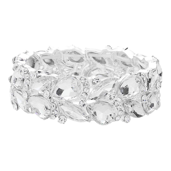 Silver Teardrop Stone Cluster Embellished Stretch Evening Bracelet is an eye-catching accessory. It features teardrop-shaped embellishments and sparkly stones clustered together to create a glamorous and sophisticated finish. The stretch fit makes it comfortable to wear for any special occasion or making an exclusive gift. 