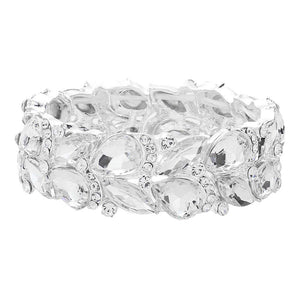 Silver Teardrop Stone Cluster Embellished Stretch Evening Bracelet is an eye-catching accessory. It features teardrop-shaped embellishments and sparkly stones clustered together to create a glamorous and sophisticated finish. The stretch fit makes it comfortable to wear for any special occasion or making an exclusive gift. 