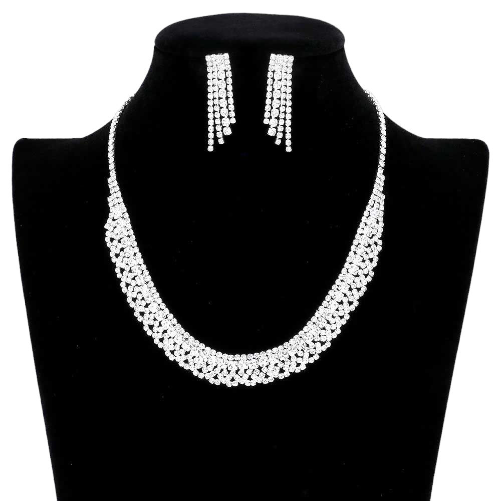 Silver Trendy Crystal Rhinestone Pave Necklace, get ready with this crystal rhinestone necklace to receive the best compliments on any special occasion. This classy rhinestone necklace is perfect for parties, weddings, and evenings. Awesome gift for birthdays, anniversaries, Valentine’s Day, or any special occasion.