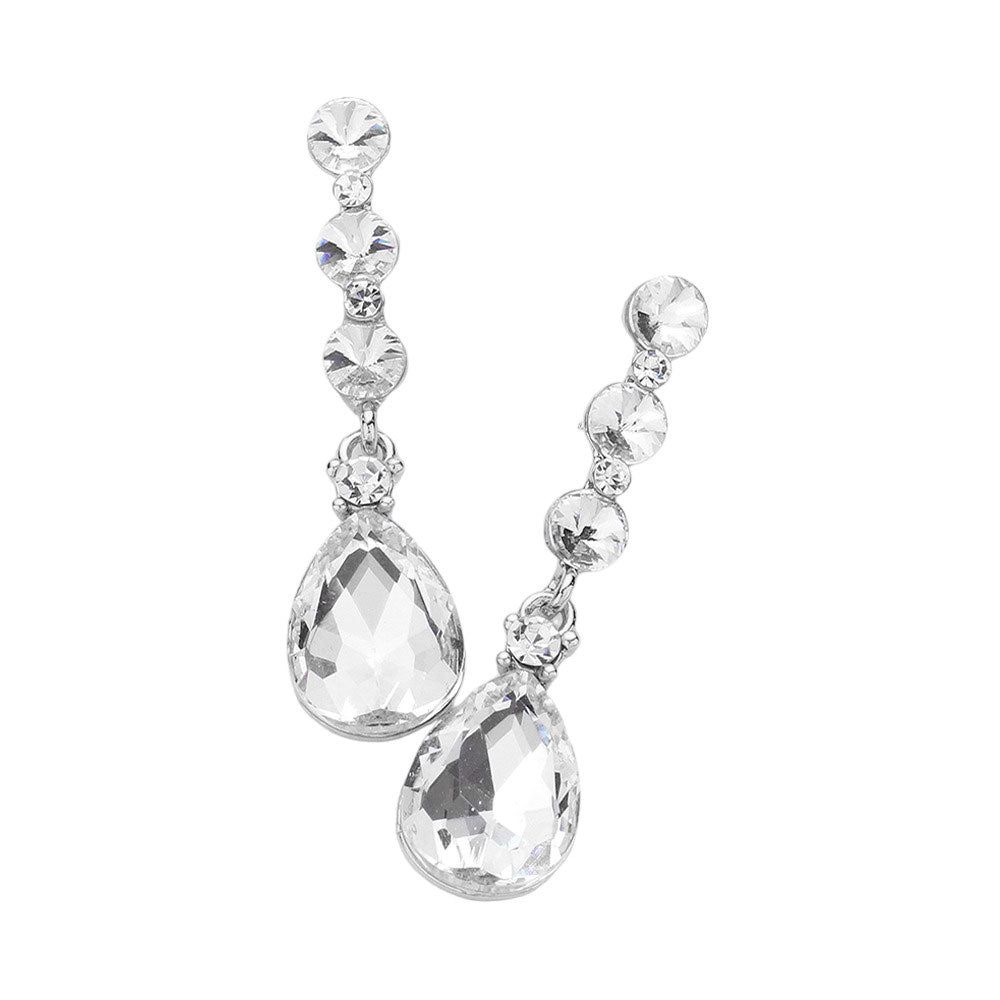 Silver Triple Round Stone Teardrop Link Dangle Evening Earrings, look beautiful with these versatile Dangle Evening Earrings. These earrings feature a teardrop dangle design, perfect for dressing up any outfit. Perfect for any occasion. These beautifully designed earrings are suitable as gifts for wives, and mothers.