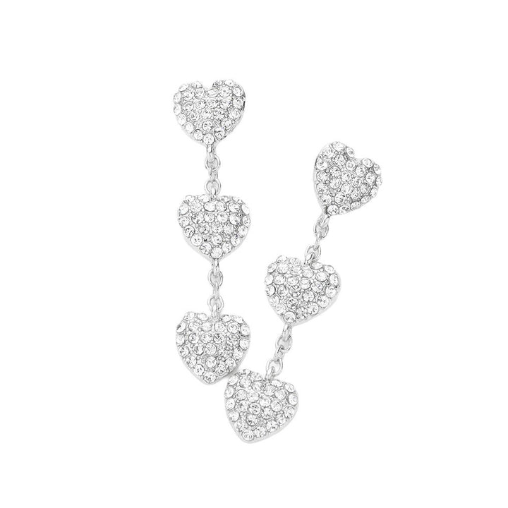 Silver Elevate your elegance with our Triple Stone Paved Heart Link Dropdown Earrings. Featuring three stunning stone accents, these earrings add a touch of glam to any outfit. Crafted with a heart link design, they make the perfect accessory for romantic occasions. Embrace sophistication and charm with ease.