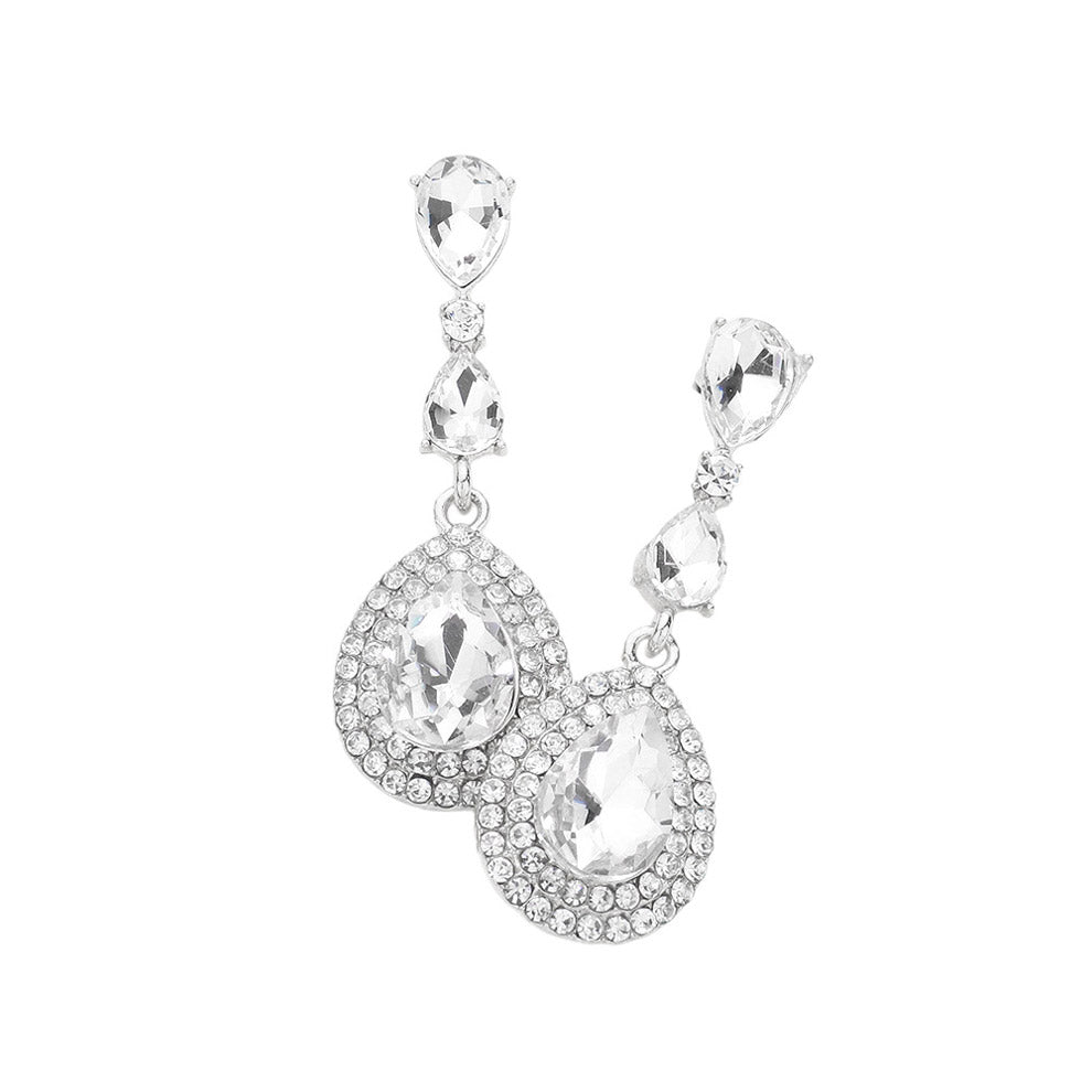 Silver Triple Teardrop Stone Link Dangle Evening Earrings, these fine evening earrings supply classic sophistication and beautiful detail with their triple teardrop stone link dangle design. These earrings are sure to eye-catching element to any outfit. Awesome gift for birthdays, anniversaries, wives, friends, and mothers.
