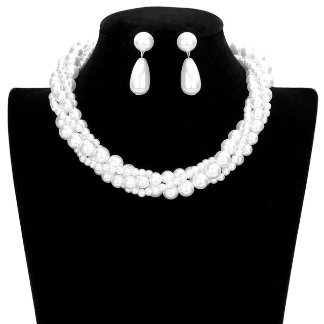 Embellished Pearl Cluster Necklace Earring Set - Silver White - Jewelry Sets