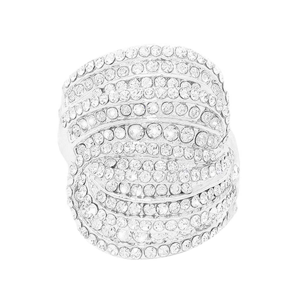 Gold Wide Rhinestone Pave Stretch Ring is a glamorous, eye-catching accessory made of crystal rhinestones. It is adjustable and makes a  perfect fit,  dazzling stones give you the perfect bling. Add this ring to your collection and you won't regret it. Perfect fit for any special occasion and also for everyday wear.
