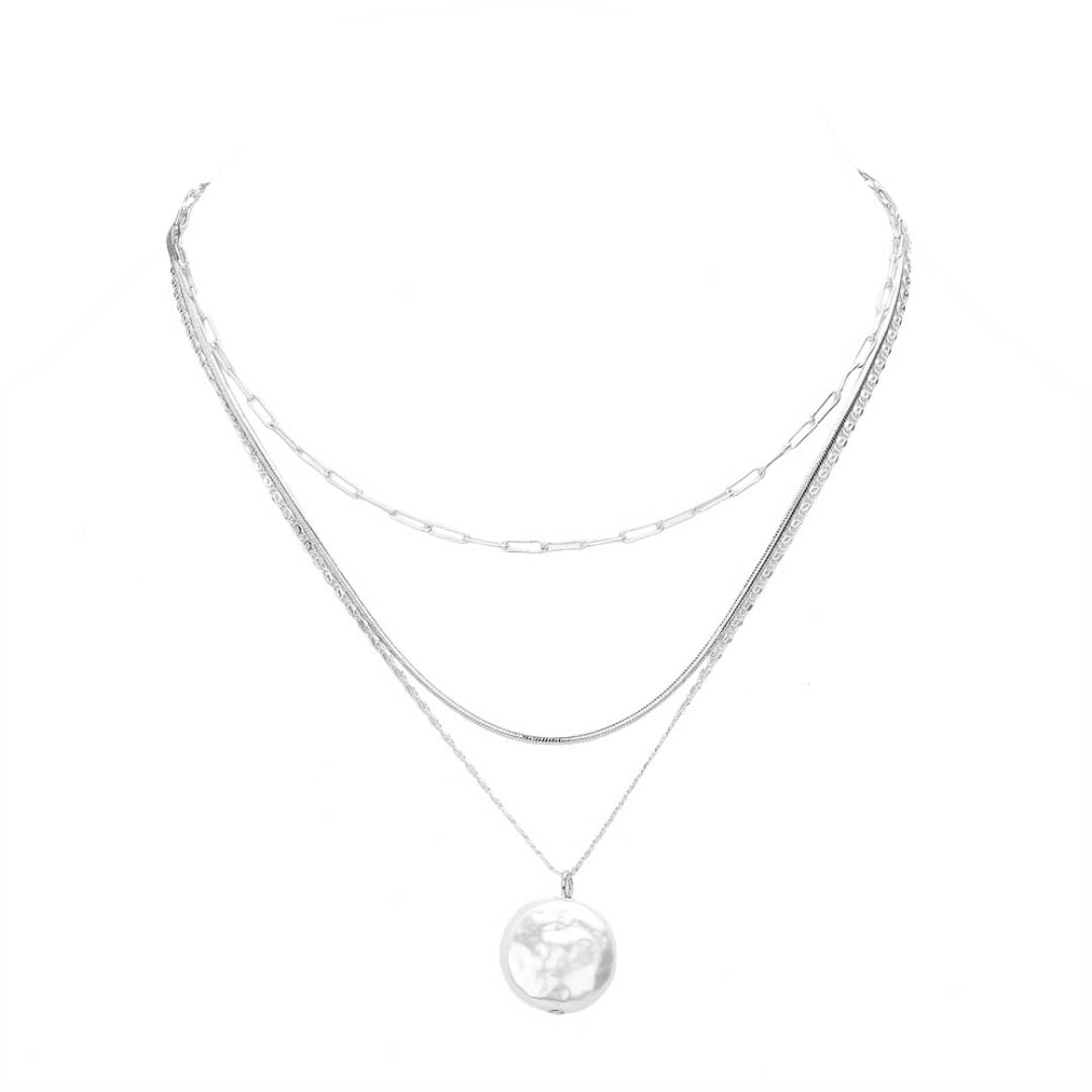 This Pearl Pendant Silver Triple Layered Necklace is the perfect "pearla" of jewelry, and a sure way to level up any look. The triple chain layers will make you feel like royalty, with their classic elegance and timeless charm. Perfect Birthday Gift, Anniversary Gift, Regalo Cumpleanos, Regalo Navidad, Valentine's Day Gift