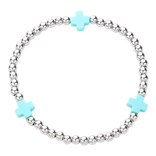 Silver Turquoise -Cross Pointed Stainless Steel Ball Beaded Stretch Bracelet is expertly crafted and designed for durability. Made with high-quality stainless steel, this bracelet features a unique cross-pointed design and stretchable beaded straps for a comfortable and secure fit. Elevate your style with this timeless piece.