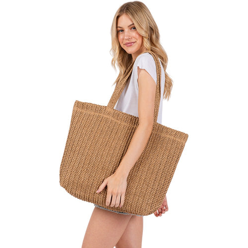 Women's Solid Crochet Straw Tote Bag / Beach - Beige