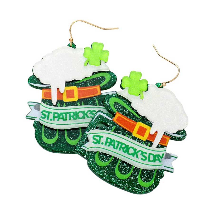 St Patricks Day Message Acetate Beer Cup Dangle Earrings, Experience the luck of the Irish with these earrings. These festive earrings are perfect for celebrating the holiday with a touch of style. Made with durable acetate material, they feature a fun beer cup design and are a must-have for celebration.