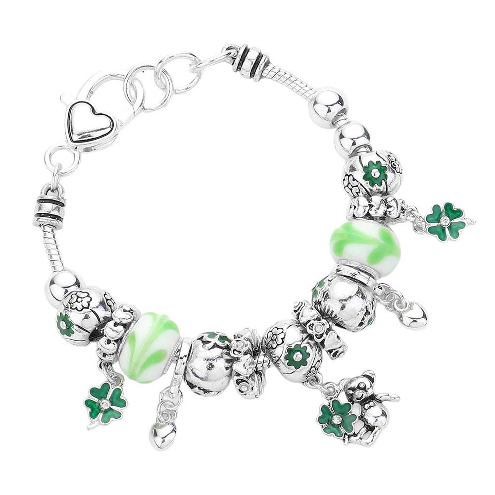 St Patricks Day Multi-Bead Clover Charm Bracelet. Celebrate St. Patrick's Day with this charming multi-bead clover charm bracelet. Crafted with expert precision, the intricate design and high-quality materials make this bracelet a must-have for any holiday. Add a touch of luck to your wardrobe and stand out with this.