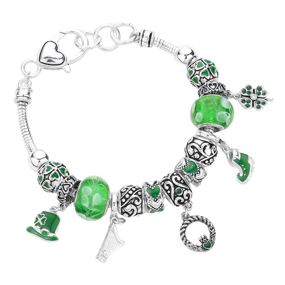 St Patricks Day Multi-bead Clover Green Top Hat Charm Bracelet, This bracelet is the perfect way to show off your holiday spirit. Featuring a variety of green and clover-themed beads, as well as a charming top hat charm, this bracelet is both stylish and durable and is a festive addition to any outfit.