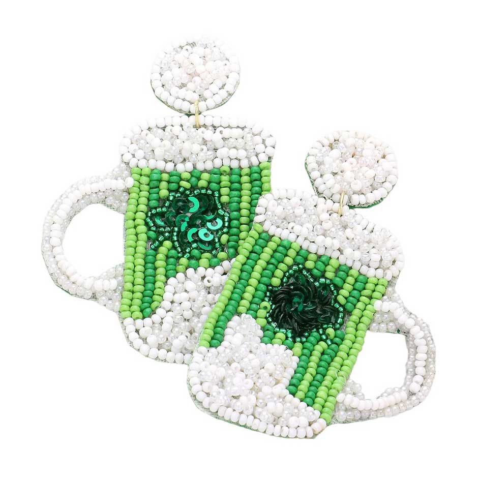 St. Patrick's Day Felt Back Sequin Shamrock Seed Beaded Beer Dangle Earrings, Celebrate St. Patrick's Day in style with these. These festive earrings feature intricate seed beads and shimmering sequins, perfect for adding a touch of luck and charm to any outfit. A must-have accessory for any holiday celebration!