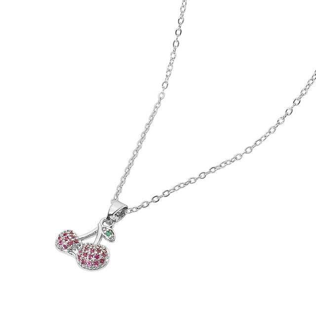 Silver Stainless Steel Stone Paved Cherry Pendant Necklace features a beautiful cherry pendant adorned with sparkling stones, crafted with durable stainless steel for a timeless and elegant look. Perfect for adding a touch of sophistication to any outfit. A must-have accessory for any fashion-forward individual.