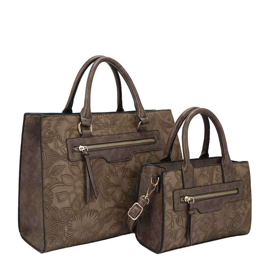 Stone 2 In 1 Faux Leather Flower Detailed Tote Shoulder Bag set, Crafted from high-quality faux leather, the tote bags feature an outside zipper pocket and come with a convenient shoulder strap for easy carrying. With its sleek design and versatile use, perfect way to add a touch of sophistication to any outfit.