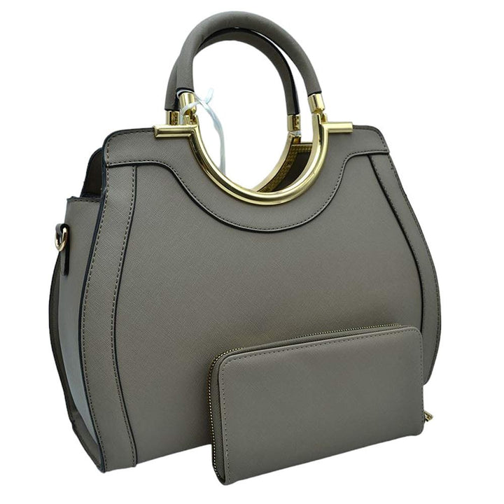 Stone Faux Leather Round Top Handle Tote Bag With Wallet, is stylish and functional. Crafted from high-quality faux leather, this bag features a round top handle for easy carrying. The included wallet provides you with a secure place to store small items. Keep your belongings safe and look fashionable at the same time.