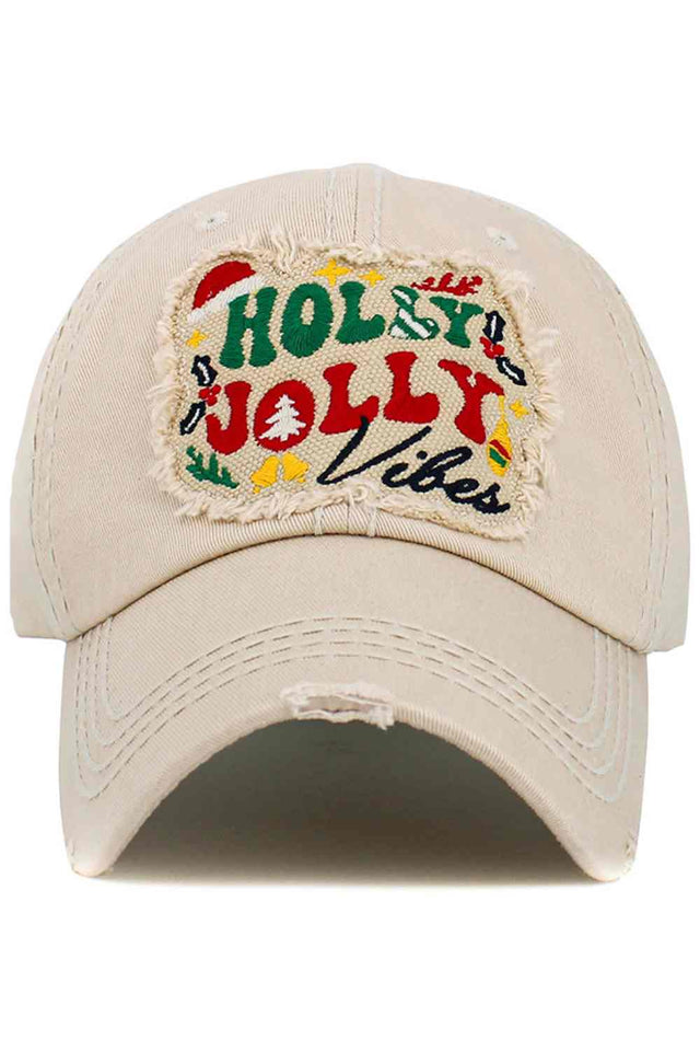 Stone The HOLLY JOLLY VIBES Christmas holiday vintage ballcap features a cheerful festive slogan with a washed, retro finish for cozy seasonal style. Comfortable and adjustable, it’s perfect for spreading holiday cheer at gatherings, outings, or everyday winter wear.