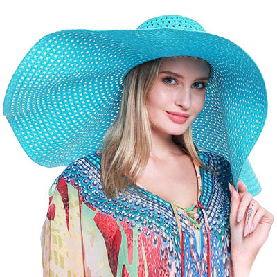 Super Wide Brim Straw Sun Hat - Aqua - Sun Hats