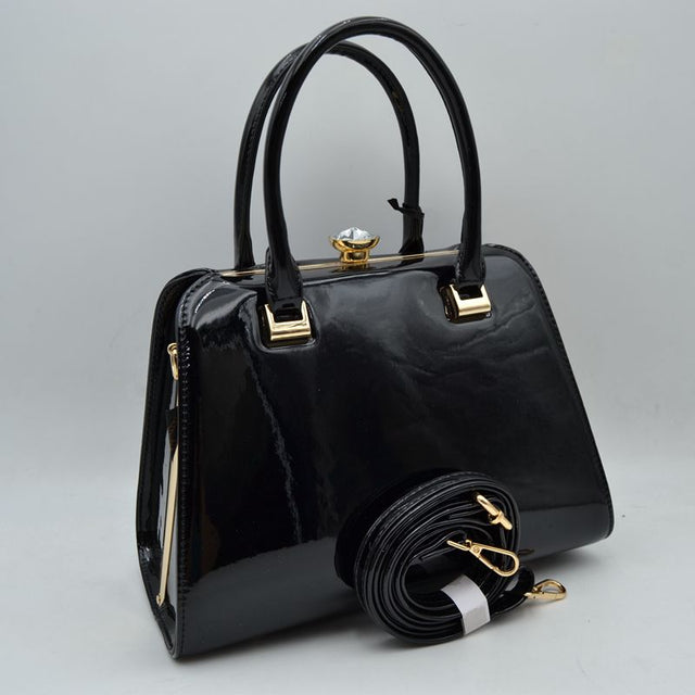 Patent Frame Satchel Handbag with Top Handles and Pearl Clasp - Black - Satchel Bag