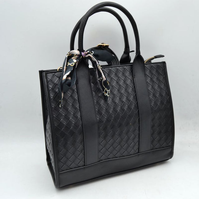 Woven Texture Tote Bag with Dual Top Handles and Scarf Accent - Black - Tote Bag