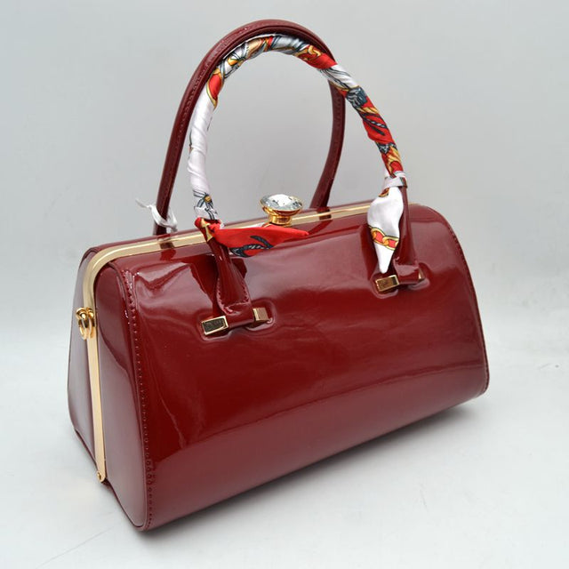Glossy Patent Leather Barrel Handbag with Scarf-Wrapped Handle - Red - Barrel