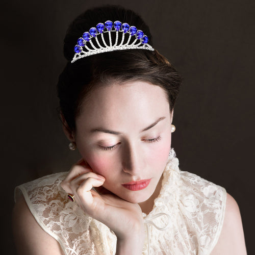 Teardrop Stone Accented Princess Tiara - Royal Blue, Silver