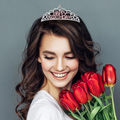 Crystal Rhinestone Happy Birthday Party Tiara - Lt Rose, Silver