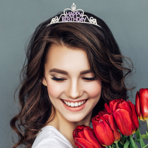 Tiara de princesa con mensaje de FELIZ CUMPLEAÑOS pavimentada con diamantes de imitación - Amethyst , Silver