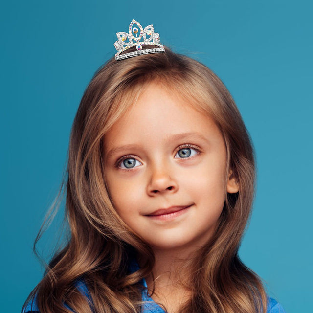 Madeline Love AB, Silver Round Stone Cluster Accent Rhinestone Princess Crown Mini Tiara - Hair Accessories