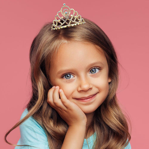 Intricate Openwork Rhinestone Paved Princess Crown Mini Tiara - AB, Gold
