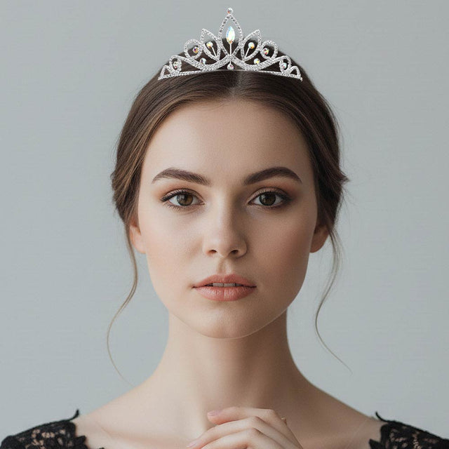 Madeline Love AB, Silver Marquise Stone Cluster Centered Rhinestone Pave Princess Tiara - Hair Accessories